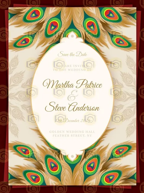 A Sophisticated Wedding Invitation Adorned With Beautiful Peacock Feathers, Showcasing A Blend Of Elegance And Artistry